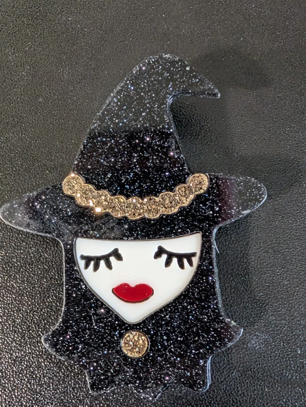 Black Glitter Witch Brooch with Red Lips